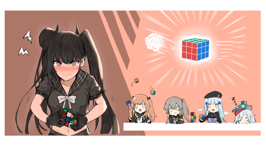 404_(girls_frontline) 5girls :3 :d black_bow black_gloves blank_eyes blue_hair blush bow bowtie brown_hair character_request chibi chin_rest clenched_teeth closed_eyes emphasis_lines fingerless_gloves g11_(girls_frontline) ganesagi girls_frontline gloves grey_eyes hair_bow hat head_tilt heavy_breathing highres hk416_(girls_frontline) horns juggling long_hair midriff multiple_girls navel open_mouth ouroboros_(girls_frontline) parted_lips rubik's_cube scarf school_uniform serafuku short_sleeves sleeping smile standing struggling sweatdrop teeth twintails ump45_(girls_frontline) ump9_(girls_frontline) white_neckwear