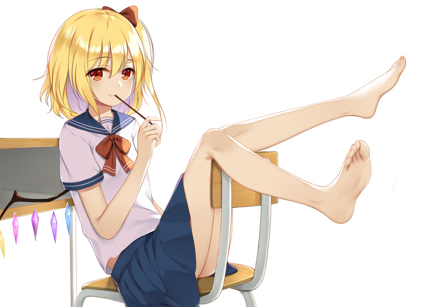 1girl bangs barefoot blonde_hair blue_sailor_collar blue_skirt bow chair commentary_request crystal desk eyebrows_visible_through_hair flan_(seeyouflan) flandre_scarlet full_body hair_between_eyes hair_bow highres holding ke-ta_(style) looking_at_viewer miniskirt no_hat no_headwear one_side_up red_bow red_eyes red_neckwear sailor_collar school_desk school_uniform serafuku short_hair short_sleeves simple_background sitting skirt smile solo thighs touhou white_background white_serafuku wings