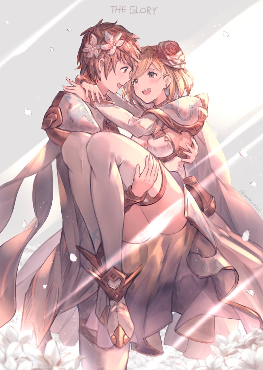 1boy 1girl :d bangs blonde_hair breasts brown_eyes carrying character_name couple djeeta_(granblue_fantasy) eye_contact flower gran_(granblue_fantasy) granblue_fantasy hair_flower hair_ornament highres jewelry looking_at_another medium_breasts milli_little open_mouth pants princess_carry ring short_hair shoulder_armor sideboob skirt smile spaulders swept_bangs thigh-highs white_legwear white_pants white_skirt