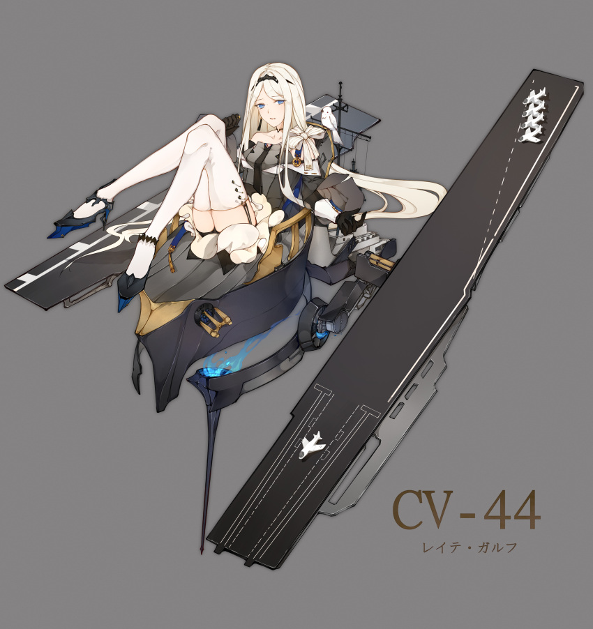 1girl absurdres aircraft airplane animal bare_shoulders bird_on_back black_footwear black_gloves blue_eyes bow circlet earrings full_body garter_straps gloves grey_background high_heels highres jewelry jingzhongyin knees_up long_hair looking_at_viewer medal sitting solo steelblue_mirage very_long_hair white_bird white_bow white_hair white_legwear