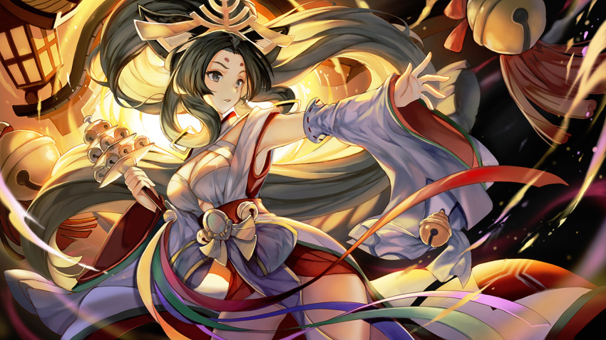 1girl absurdly_long_hair animal_ears bell black_eyes black_hair breasts cleavage commentary_request contrapposto cowboy_shot detached_sleeves facial_mark forehead_mark holding jingle_bell lantern large_breasts long_hair long_sleeves original outstretched_arms parted_lips ponytail sash sibyl solo spread_arms standing very_long_hair wide_sleeves