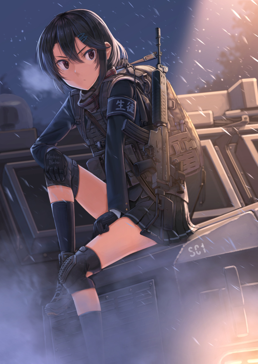 1girl absurdres armband backpack bag black_hair breath brown_eyes commentary dreadtie gloves gun hair_between_eyes hair_ornament hairclip highres knee_pads kneehighs load_bearing_vest night original outdoors pleated_skirt scarf school_uniform short_hair sitting skirt snowing solo weapon weapon_request