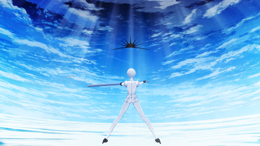 1other androgynous antarcticite artist_request clouds from_behind gem_uniform_(houseki_no_kuni) gloves highres houseki_no_kuni ice light_rays outdoors scabbard scenery sheath short_hair sky solo sunbeam sunlight sword weapon white_hair