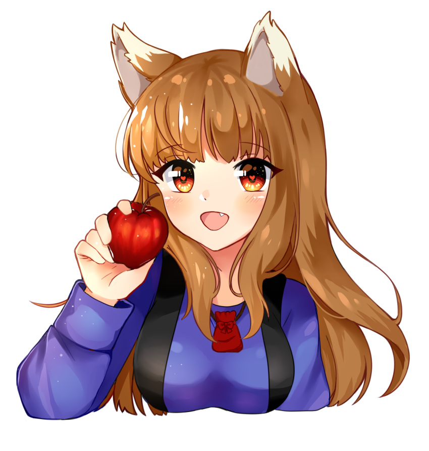 1girl animal_ears apple arm_up blue_shirt blush breasts brown_hair cheyenneo fang food fruit heart heart-shaped_pupils highres holding holding_food holding_fruit holo jewelry long_hair long_sleeves marker_(medium) medium_breasts necklace open_mouth red_eyes shirt simple_background solo spice_and_wolf symbol-shaped_pupils traditional_media upper_body white_background wolf_ears