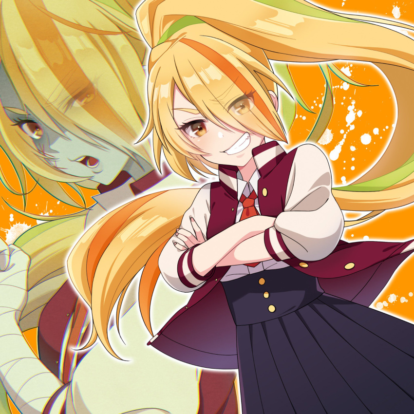1girl an_s21r bandage blonde_hair blue_skirt clenched_hand crossed_arms grin hair_over_one_eye highres jacket letterman_jacket long_hair looking_at_viewer multicolored_hair necktie nikaidou_saki open_mouth pleated_skirt ponytail skirt smile streaked_hair yellow_eyes zombie zombie_land_saga