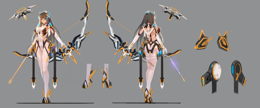 1girl 300_heroes absurdres arrow bodysuit bow_(weapon) breasts character_sheet glasses gloves grey_background grey_hair high_heels highres large_breasts long_hair looking_at_viewer multiple_views orange_eyes shiny shiny_clothes solo standing weapon white_bodysuit white_legwear zhuore_zhi_hen
