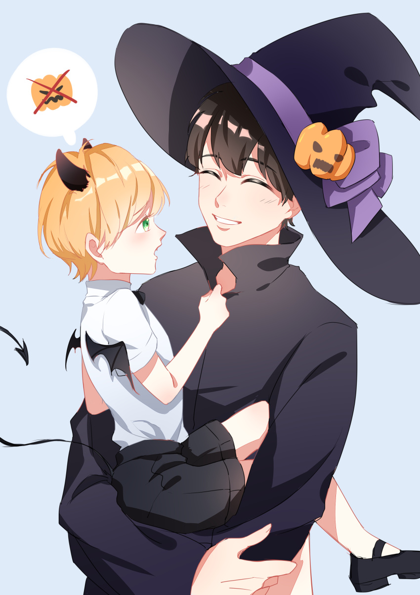 2boys absurdres ash_lynx banana_fish bat_wings black_bow black_hair black_hat black_neckwear black_shorts blonde_hair blue_background bow bowtie carrying child closed_eyes collar_grab facing_another fang food_themed_hair_ornament green_eyes hair_ornament hat hat_bow highres horns male_focus multiple_boys okumura_eiji pumpkin pumpkin_hair_ornament purple_bow shorts simple_background smile speech_bubble tail wings witch_hat wuxi younger