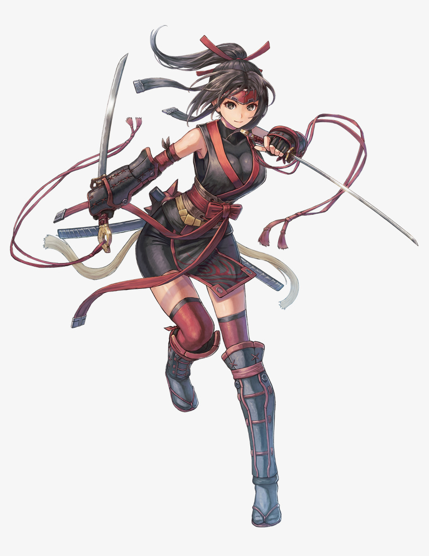 1girl armband bangs black_hair breasts fingerless_gloves gloves hair_tie high_ponytail highres holding holding_sword holding_weapon kuroi_susumu medium_breasts ninja original red_legwear red_ribbon ribbon sash shorts sleeveless sword thigh-highs weapon