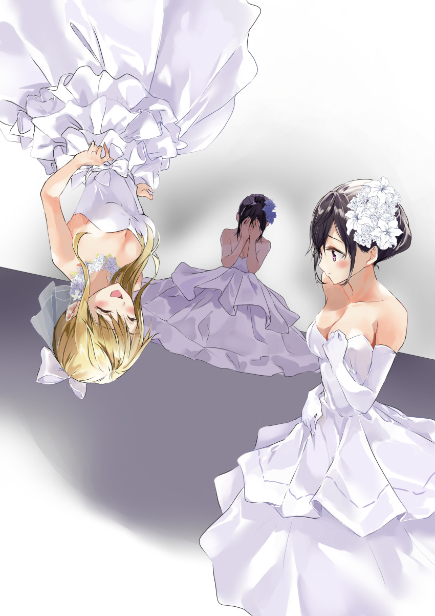 :d absurdres aihara_mei aihara_yuzu black_hair blonde_hair blush bow breasts citrus_(saburouta) cleavage closed_eyes covering_face dress elbow_gloves flower fujisaki_ribbon gloves hair_bow hair_flower hair_ornament highres incest layered_dress long_dress long_hair medium_breasts multiple_girls open_mouth short_hair sidelocks sitting sleeveless sleeveless_dress smile step-siblings strapless strapless_dress tied_hair wedding_dress white_bow white_dress white_flower white_gloves