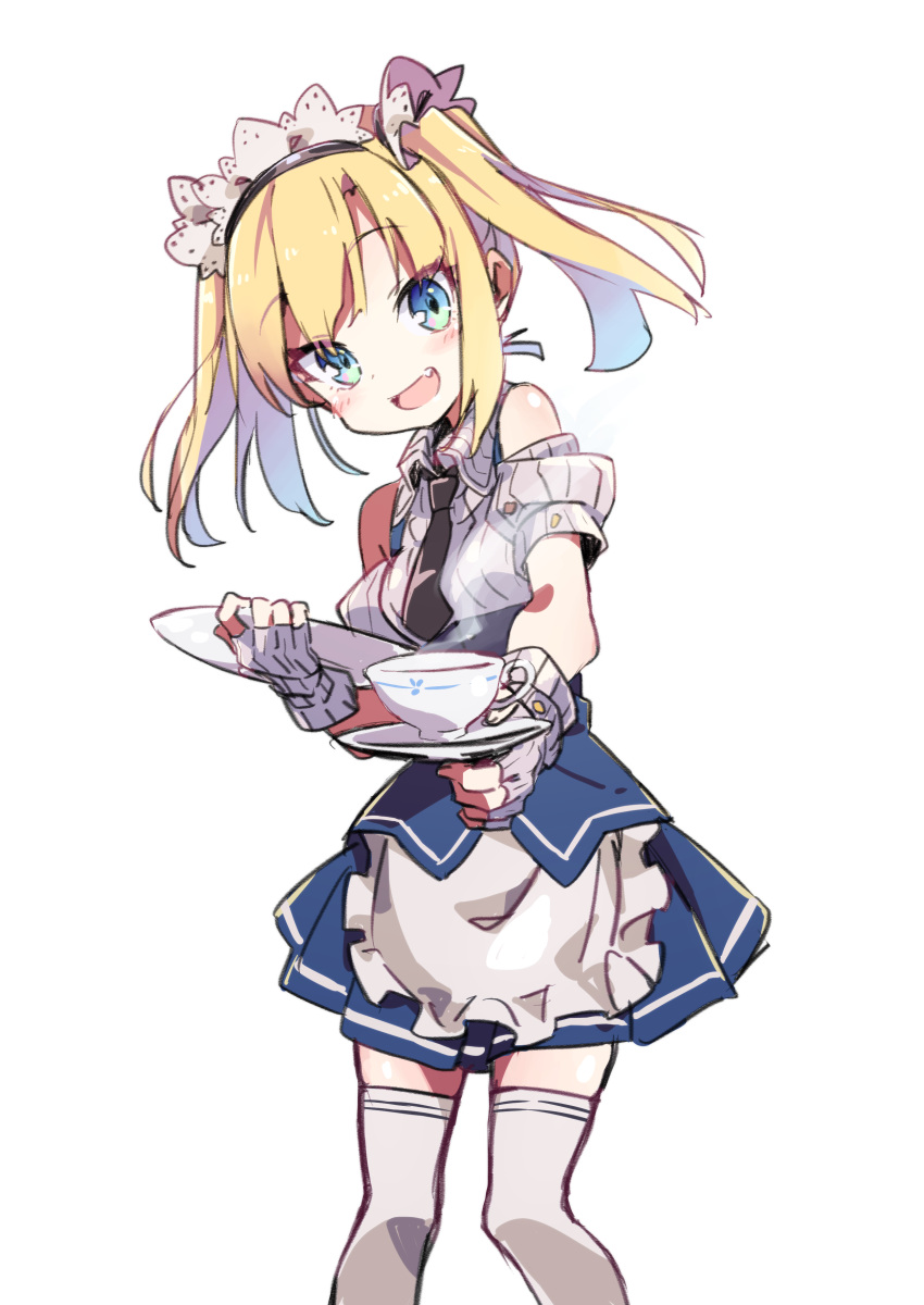 1girl :d absurdres amaryllis_class apron bare_shoulders black_neckwear blonde_hair blue_eyes blue_skirt blush cup eyebrows_visible_through_hair fang fingerless_gloves gloves grey_gloves hairband head_tilt highres holding kotohara_hinari looking_at_viewer maid_apron maid_headdress necktie open_mouth skirt smile solo standing tama_(tama-s) teacup thigh-highs transparent_background tray twintails virtual_youtuber white_legwear