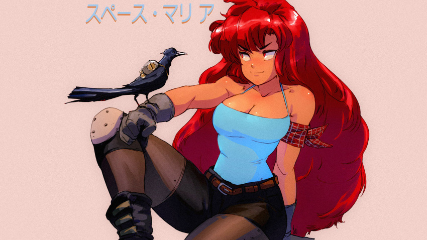 1girl 90s armband bangs bare_shoulders belt big_hair bird bird_on_hand black_gloves boots breasts chaps cleavage commentary copyright_name crow dark_skin david_liu english_commentary eyebrows_visible_through_hair glenn_(space_maria) gloves hair_down highres knee_pads long_hair maria_(space_maria) medium_breasts pants red_eyes redhead sitting space_maria spaghetti_strap thigh-highs wallpaper