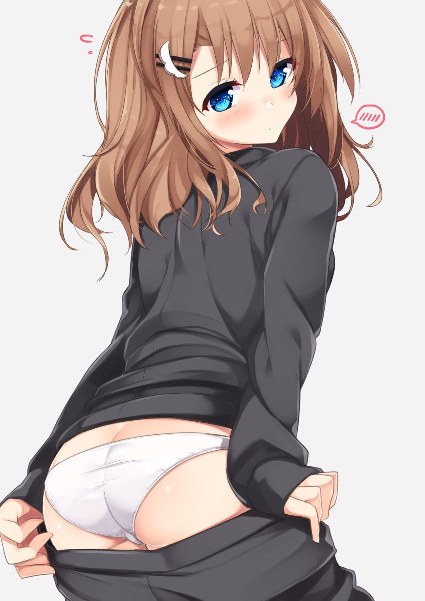 1girl ass black_pants black_sweater blue_eyes blush brown_hair grey_background hair_ornament hairclip highres long_hair looking_back original panties pants pants_pull pulled_by_self sasahara_wakaba simple_background solo speech_bubble sweater underwear undressing white_panties