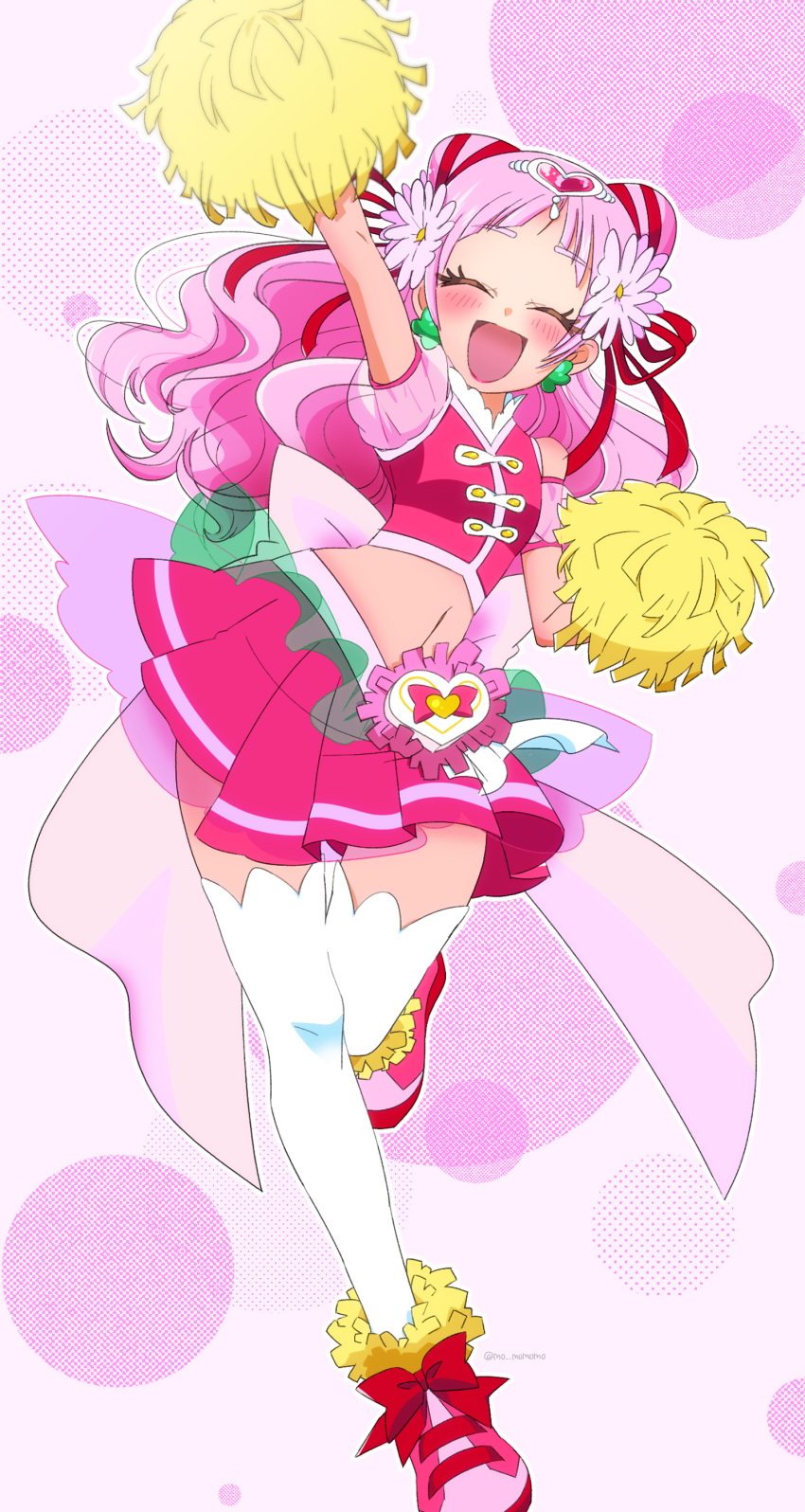 1girl absurdres blush cheerleader cure_yell earrings flower hair_flower hair_ornament hair_ribbon highres hugtto!_precure jewelry midriff momomo_(344343) navel nono_hana pink_hair pom_poms precure ribbon skirt smile thigh-highs white_legwear