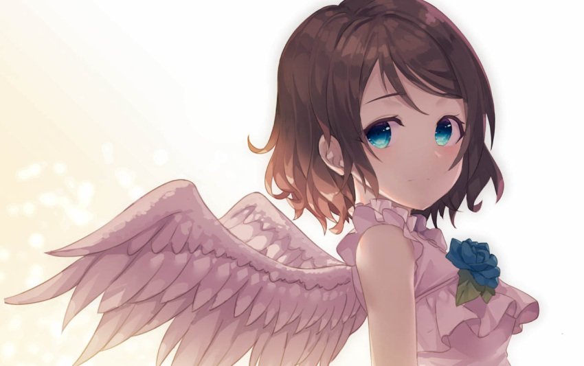 1girl angel angel_wings bangs bare_arms blue_eyes blue_flower breasts brown_hair dress flower frilled_shirt frills gradient gradient_background kyouou_ena love_live! love_live!_sunshine!! medium_breasts shirt short_hair sleeveless watanabe_you wings