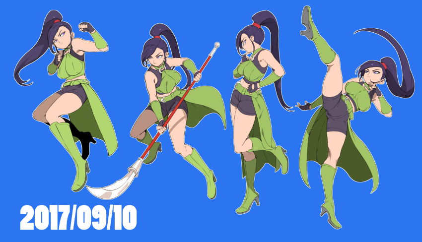 1girl arm_warmers belt bike_shorts blue_background blue_hair boots breasts choker clenched_hand commentary dated dragon_quest dragon_quest_xi fighting_stance finger_to_chin fingerless_gloves full_body gloves green_footwear hairband halter_top halterneck hand_on_hip high_kick high_ponytail highres kicking knee_boots large_breasts lavender_eyes looking_to_the_side looking_up martina_(dq11) multiple_views navel o-ring o-ring_choker o-ring_top orushibu outline overskirt polearm red_hairband solo thinking weapon white_outline