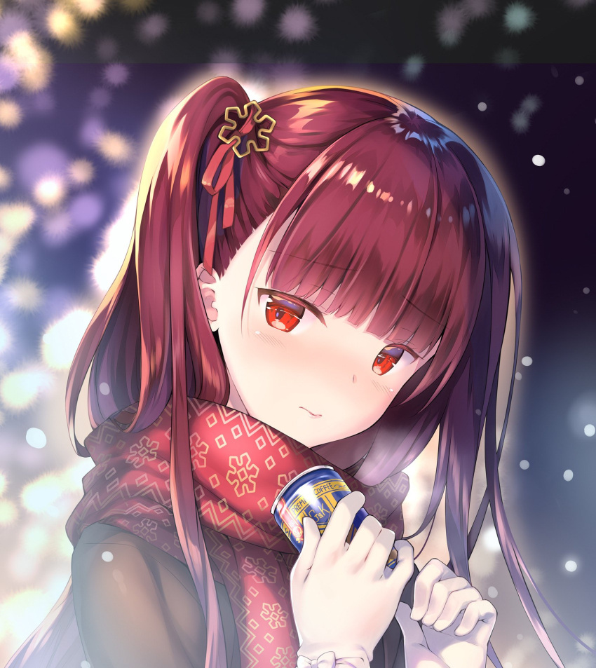 1girl bangs blurry blurry_background blush braid breasts brown_coat can closed_mouth coat eyebrows_visible_through_hair french_braid girls_frontline gloves hair_ornament hair_ribbon half_updo highres holding holding_can large_breasts long_hair looking_at_viewer one_side_up outdoors purple_hair red_eyes red_scarf rei_(rei's_room) ribbon scarf sidelocks snowflake_hair_ornament snowflake_print snowing solo very_long_hair wa2000_(girls_frontline) white_gloves