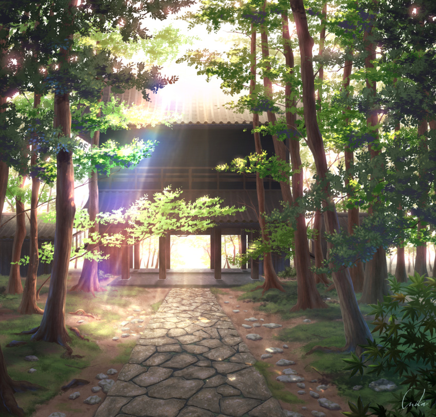 architecture artist_name building commentary_request day east_asian_architecture forest grass highres inika light_rays nature no_humans original outdoors pavement plant rock scenery shrine signature sunbeam sunlight tree