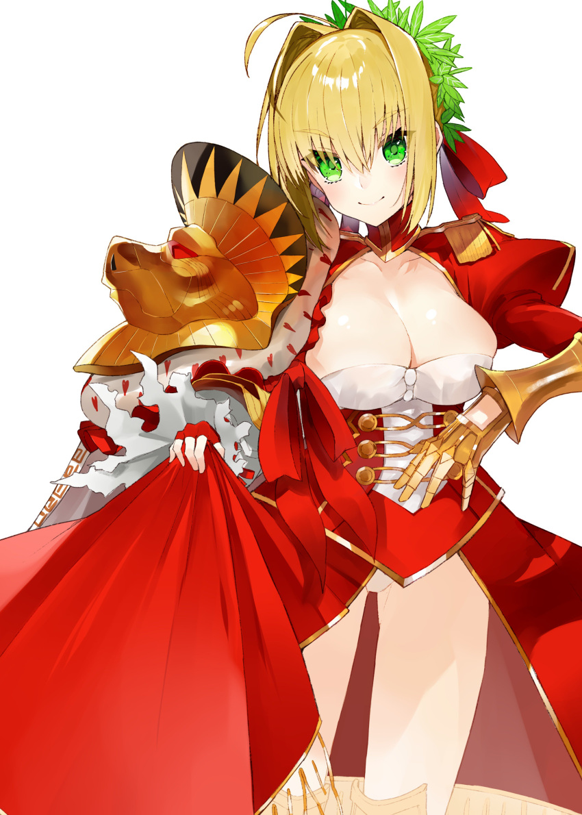 1girl absurdres ahoge blonde_hair braid breasts cleavage dress epaulettes fate/extra fate/grand_order fate_(series) fingerless_gloves french_braid gauntlets gloves green_eyes hair_intakes highres kou_mashiro large_breasts leotard nero_claudius_(fate) nero_claudius_(fate)_(all) olympian_bloomers pauldrons red_dress see-through skirt skirt_lift