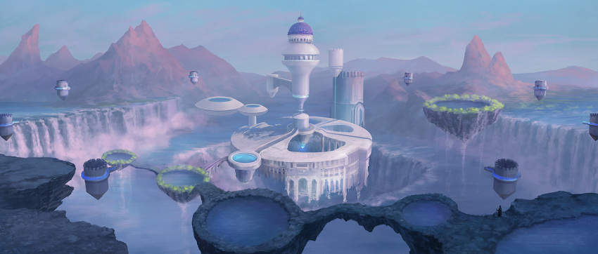 1other ambiguous_gender battlement blue_sky building commentary_request day fantasy floating_island holding holding_staff mountain mountainous_horizon original outdoors robe scenery science_fiction sky staff usada_yuh water waterfall