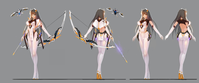 1girl 300_heroes absurdres arrow bow_(weapon) breasts capelet character_sheet elbow_gloves glasses gloves grey_background grey_hair headgear high_heels highres large_breasts leotard long_hair looking_at_viewer multiple_views orange_eyes pantyhose pelvic_curtain shiny shiny_clothes solo standing weapon white_legwear white_leotard zhuore_zhi_hen