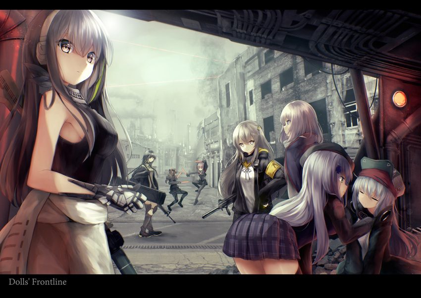 404_(girls_frontline) 6+girls anti-rain_(girls_frontline) assault_rifle bangs beret black_bow black_hair black_hat black_jacket black_legwear black_ribbon black_shorts black_sweater blue_eyes bow braid breasts brown_eyes brown_hair cityscape clothes_around_waist commentary_request eyepatch facial_mark fingerless_gloves g11_(girls_frontline) girls_frontline gloves glowstick green_eyes green_hat green_jacket grey_hair gun hair_ornament hairclip hat headgear headphones highres hk416_(girls_frontline) holding holding_gun holding_weapon hood hood_down hooded_jacket jacket jacket_around_waist knee_pads long_hair m16a1_(girls_frontline) m4_sopmod_ii_(girls_frontline) m4a1_(girls_frontline) medium_breasts multicolored_hair multiple_girls open_clothes open_jacket pantyhose pink_hair plaid plaid_skirt ribbon rifle rupe_paperu scar scar_across_eye scarf scarf_on_head shirt shorts sidelocks silver_hair skirt sleeveless smile st_ar-15_(girls_frontline) streaked_hair submachine_gun sweater thigh-highs ump45_(girls_frontline) ump9_(girls_frontline) weapon white_hair white_shirt