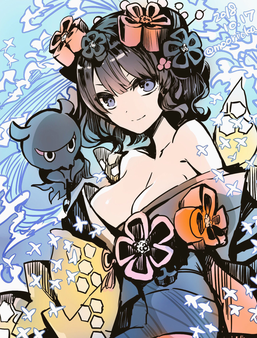 1girl bangs bare_shoulders black_hair breasts cleavage closed_mouth dated fate/grand_order fate_(series) hair_ornament hairpin highres japanese_clothes katsushika_hokusai_(fate/grand_order) kimono large_breasts looking_at_viewer obi octopus off_shoulder rioka_(southern_blue_sky) sash short_hair smile solo twitter_username upper_body violet_eyes