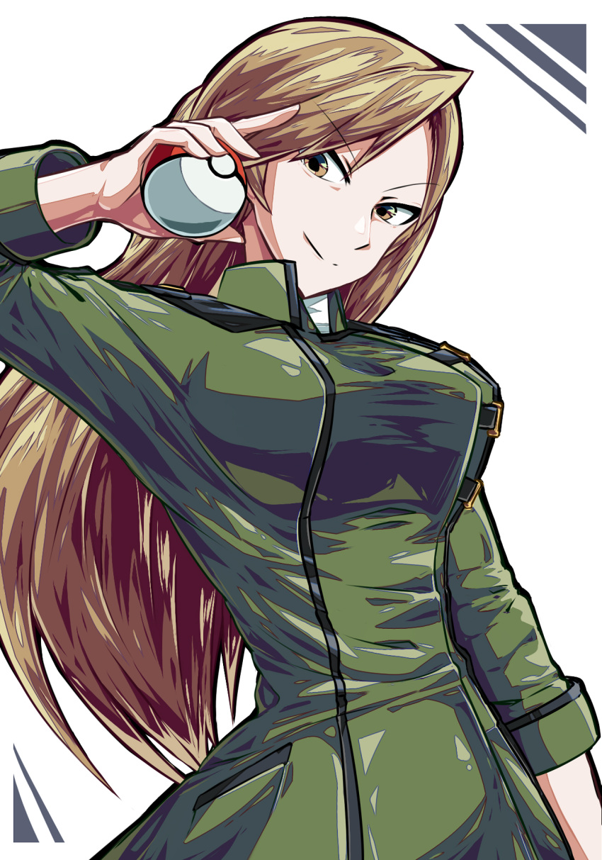 1girl arm_up breasts brown_eyes brown_hair closed_mouth coach_trainer_(pokemon) creatures_(company) game_freak green_clothes highres nintendo poke_ball pokemon pokemon_(game) pokemon_lgpe solo suzusiigasuki