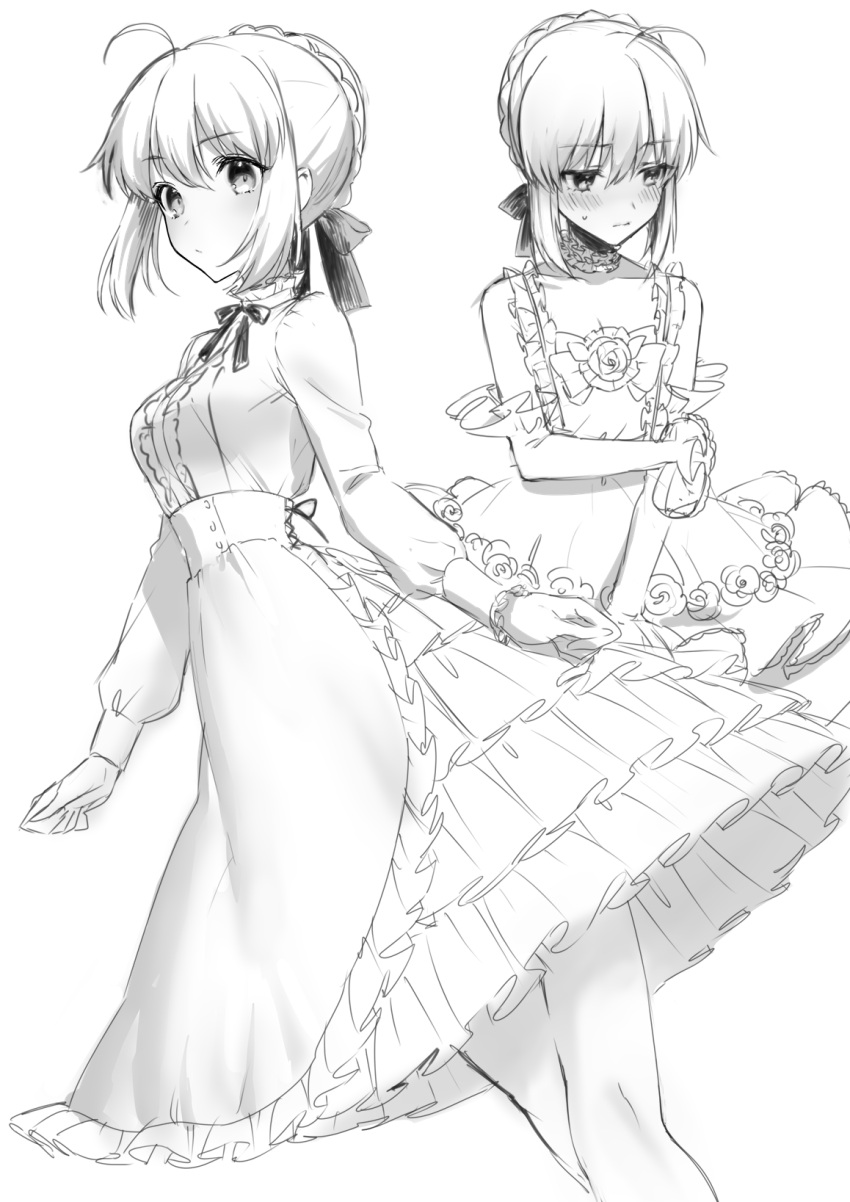 1girl ahoge apron artoria_pendragon_(all) blush braid closed_mouth dress embarrassed eyebrows_visible_through_hair fate/stay_night fate_(series) greyscale hair_ribbon highres long_sleeves looking_at_viewer looking_away monochrome ribbon saber sakura_shiho simple_background solo_focus standing wedding_dress white_background