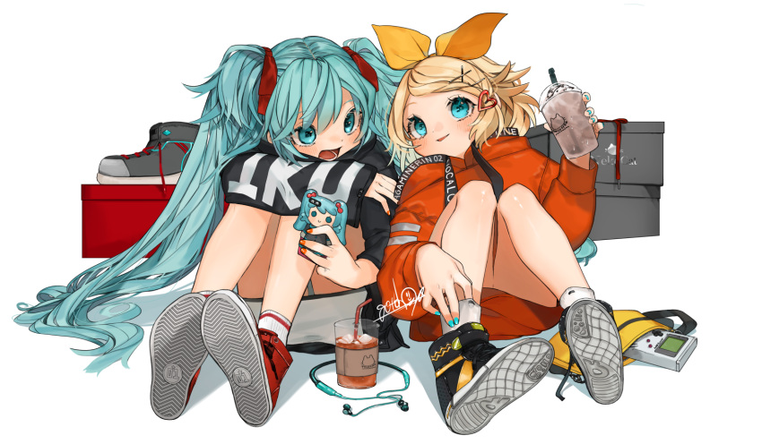 2girls alternate_costume aqua_eyes aqua_nails artist_name bag bangs bare_legs black_footwear black_jacket blonde_hair blush box casual character_name commentary_request copyright_name cup drawstring drinking_glass drinking_straw eyebrows_visible_through_hair game_boy gotoh510 grey_footwear hair_between_eyes hair_ornament hair_ribbon hairclip hand_up handheld_game_console hatsune_miku heart heart_hair_ornament highres holding holding_cup hood hooded_jacket hoodie jacket kagamine_rin knees_up long_hair long_sleeves looking_at_viewer multiple_girls nail_polish open_mouth orange_hoodie orange_nails parted_lips red_footwear red_ribbon ribbon shadow shoes signature simple_background sitting skirt smile sneakers socks twintails very_long_hair vocaloid white_background white_legwear white_skirt wide_sleeves yellow_ribbon