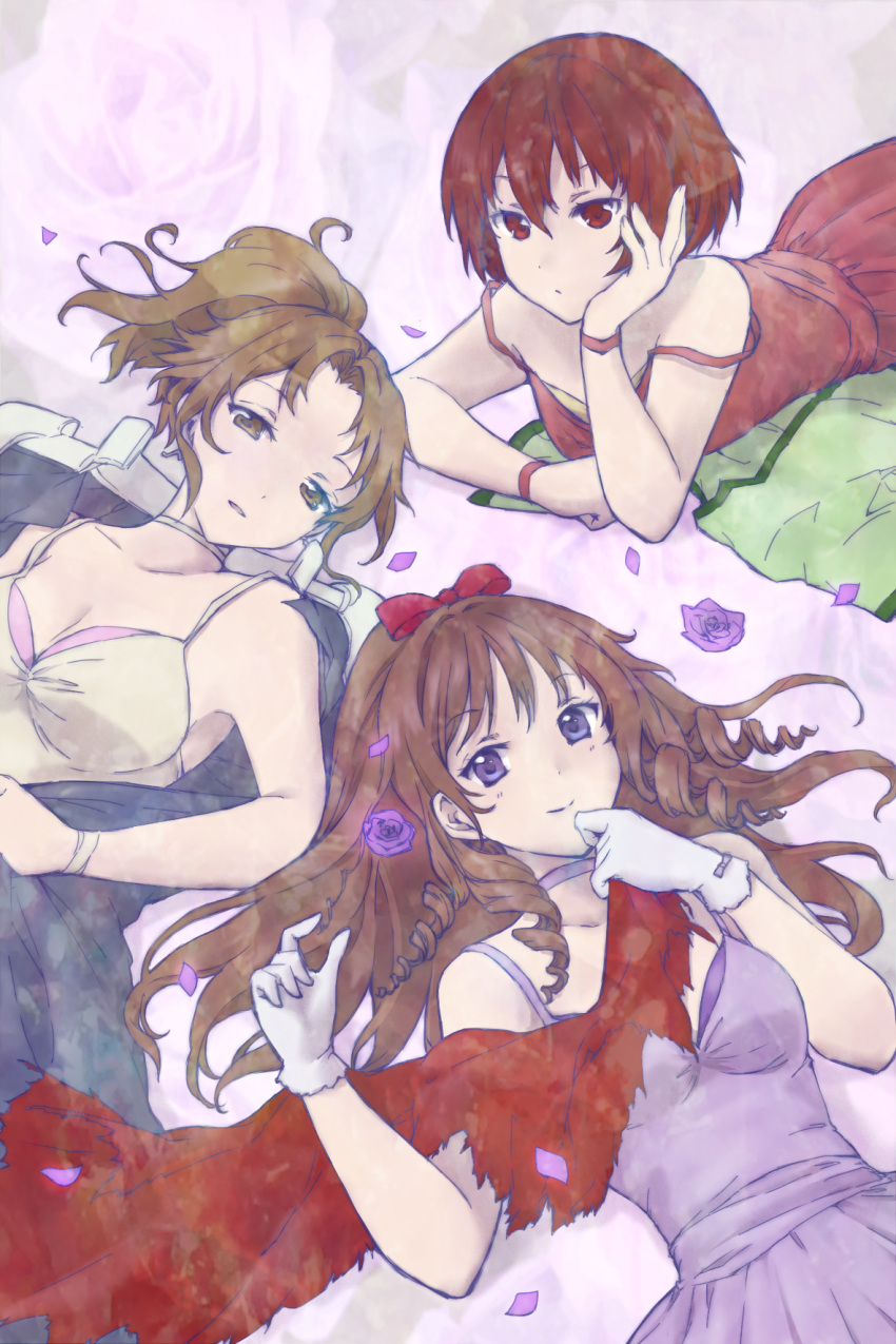 3girls anrietta_rochefort arc_the_lad arc_the_lad_iii bra breasts brown_eyes brown_hair choker choko_(arc_the_lad) cleavage commentary_request dress highres jewelry long_hair looking_at_viewer marsia_(arc_the_lad) medium_hair multiple_girls red_dress short_hair smile surume_(surume_8738) underwear