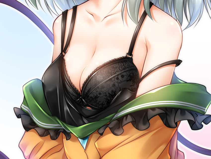 1girl bare_shoulders black_bra blue_background bra breasts camisole cleavage collarbone commentary_request frilled_shirt_collar frills gradient gradient_background head_out_of_frame highres komeiji_koishi m9kndi medium_breasts off_shoulder shirt silver_hair solo strap_slip touhou underwear yellow_shirt