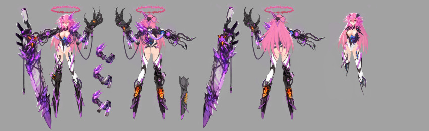1girl 300_heroes absurdres amputee android breasts claws cleavage corruption crystal grey_background halo headgear highres large_breasts leotard long_hair parts_exposed pink_eyes pink_hair quadruple_amputee solo tears thigh-highs zhuore_zhi_hen