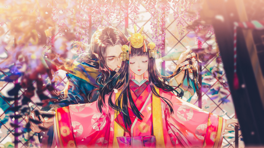 1boy 1girl bangs blunt_bangs blurry blurry_background blurry_foreground brown_hair chinese_commentary closed_eyes commentary_request depth_of_field eyeshadow facial_hair facing_viewer flower hair_ornament headpiece japanese_clothes kimono long_hair long_sleeves makeup mustache obi onmyoji pink_kimono pointy_ears sash say_hana smile tassel wide_sleeves