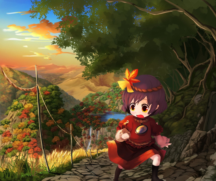 1girl black_legwear blue_sky city clouds commentary_request fence grass hair_ornament highres lake landscape leaf_hair_ornament long_sleeves mountain nature open_mouth orange_sky outdoors purple_hair red_shirt revision road rope shirt short_hair skirt sky solo standing tatuhiro touhou yasaka_kanako yellow_eyes younger