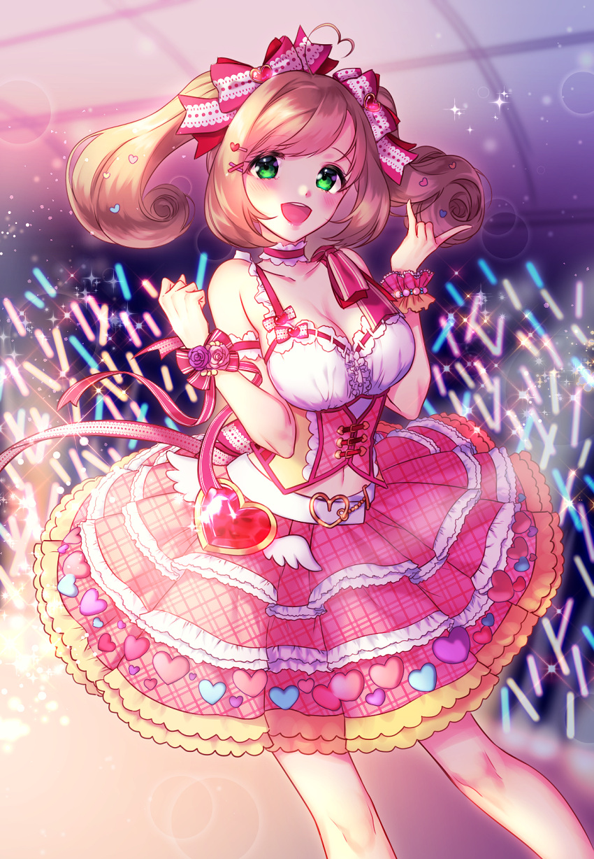 1girl :d blush bow breasts dress frilled_skirt frills glowstick green_eyes hair_ornament hairclip heart highres hsmoji idolmaster idolmaster_cinderella_girls idolmaster_cinderella_girls_starlight_stage looking_at_viewer medium_breasts open_mouth pink_bow pink_dress satou_shin skirt smile solo