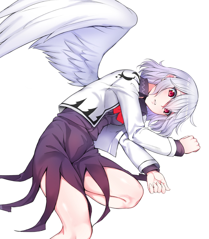 1girl absurdres baicha bare_legs bow bowtie collared_shirt cropped_jacket feathered_wings hair_between_eyes highres jacket kishin_sagume long_sleeves looking_at_viewer lying on_side open_clothes open_jacket purple_shirt purple_skirt red_eyes red_neckwear shirt silver_hair simple_background single_wing skirt solo touhou white_background white_jacket white_wings wing_collar wings