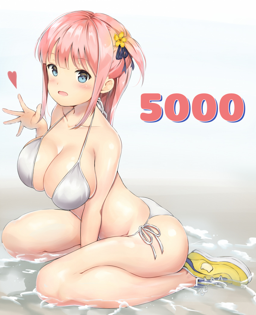 1girl aymusk bikini blue_eyes blush breasts cleavage commentary_request grey_background highres large_breasts number open_mouth original pink_hair shoes side-tie_bikini simple_background sitting sneakers solo swimsuit two_side_up wariza water white_bikini yellow_footwear