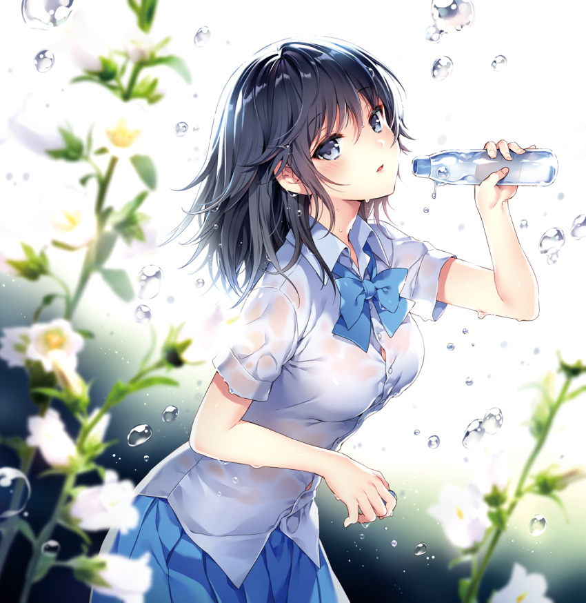 1girl bangs black_hair blue_bow blue_skirt blurry blurry_foreground bottle bow breasts collared_shirt commentary_request depth_of_field dress_shirt eyebrows_visible_through_hair flower grey_eyes hair_between_eyes hand_up head_tilt highres holding holding_bottle long_hair looking_at_viewer looking_to_the_side nardack original parted_lips pleated_skirt see-through shirt short_sleeves skirt small_breasts solo water_bottle water_drop wet wet_clothes wet_shirt white_flower white_shirt