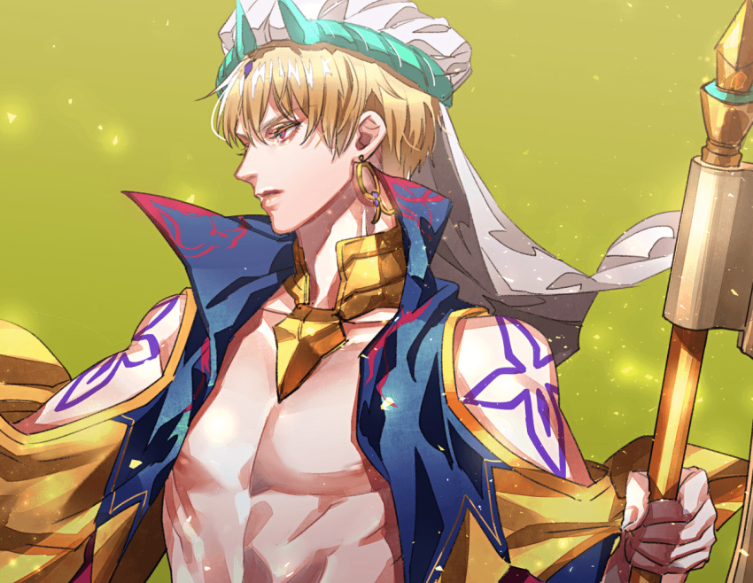 1boy blonde_hair closed_mouth earrings eyelashes fate/grand_order fate_(series) gilgamesh gilgamesh_(caster)_(fate) gorget holding jacket jewelry male_focus open_clothes open_jacket profile red_eyes sleeveless_jacket solo tenobe upper_body yellow_background