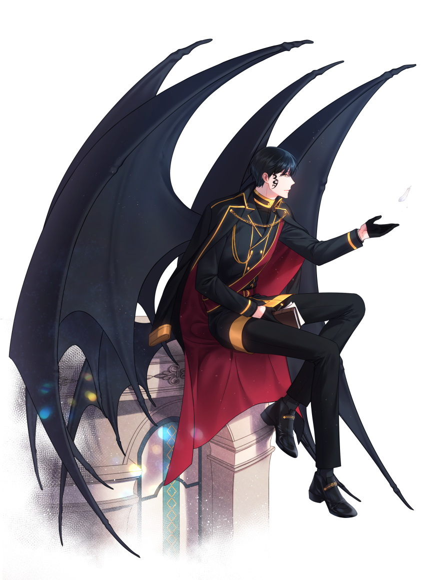 1boy absurdres arch black_cape black_footwear black_gloves black_hair black_legwear black_pants black_wings book cape facial_tattoo feathers full_body gloves highres holding_books hsmoji long_sleeves male_focus original pants red_cape sitting tattoo wings