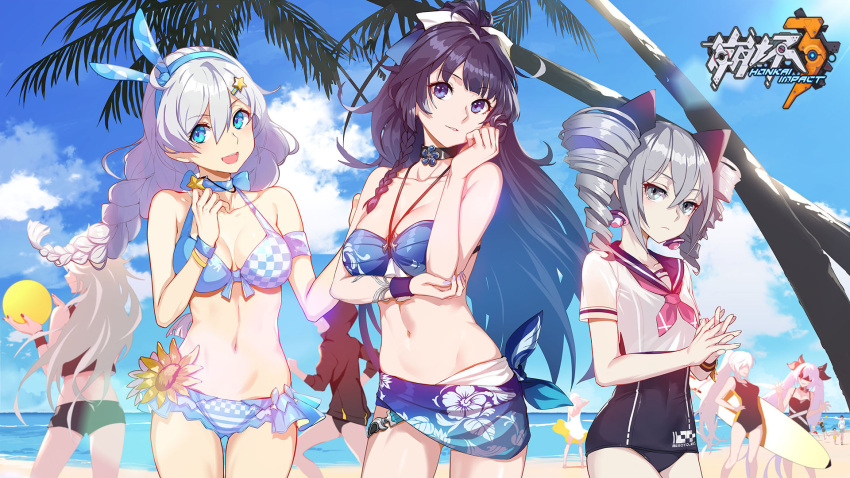 6+girls alternate_costume armpit_crease ass ball bangs bare_shoulders beach beachball bikini blindfold blue_bikini blue_eyes blue_hairband blue_ribbon blue_sky blush bow braid breasts bronya_zaychik choker cleavage closed_mouth clothes_writing clouds collarbone covered_navel day drill_hair earrings eyebrows_visible_through_hair floral_print flower grey_eyes groin hair_between_eyes hair_bow hair_ornament hairband halter_top halterneck hand_on_own_elbow hand_up hands_together highres holding holding_beachball holding_necklace holding_surfboard honkai_impact jewelry kiana_kaslana large_breasts logo long_hair looking_at_viewer medium_breasts multiple_girls nail_polish navel neck_ribbon neckerchief necklace ocean official_art one-piece_swimsuit open_mouth outdoors parted_lips pink_neckwear playing_with_own_hair ponytail purple_hair purple_nails purple_swimsuit raiden_mei ribbon running sailor_collar sailor_shirt sand sarong school_swimsuit shirt side_braid sidelocks silver_hair sky small smile star star_hair_ornament stomach strap sunflower swimsuit thighs twin_braids twin_drills twintails very_long_hair violet_eyes white_ribbon wristband