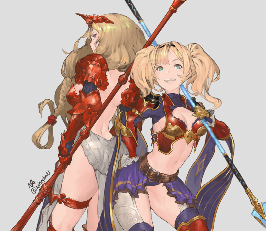 2girls armor armored_boots artist_name athena_(granblue_fantasy) bangs bare_back blonde_hair blue_eyes boots braid breasts cleavage from_behind frown gauntlets granblue_fantasy hair_intakes hair_ornament hairband height_difference highres holding holding_weapon leaning_forward long_hair looking_at_viewer medium_breasts midriff multiple_girls n9+ navel open_mouth pauldrons pink_lips polearm red_armor serious stomach thigh-highs thighs twin_braids twintails twitter_username wavy_hair weapon zeta_(granblue_fantasy)
