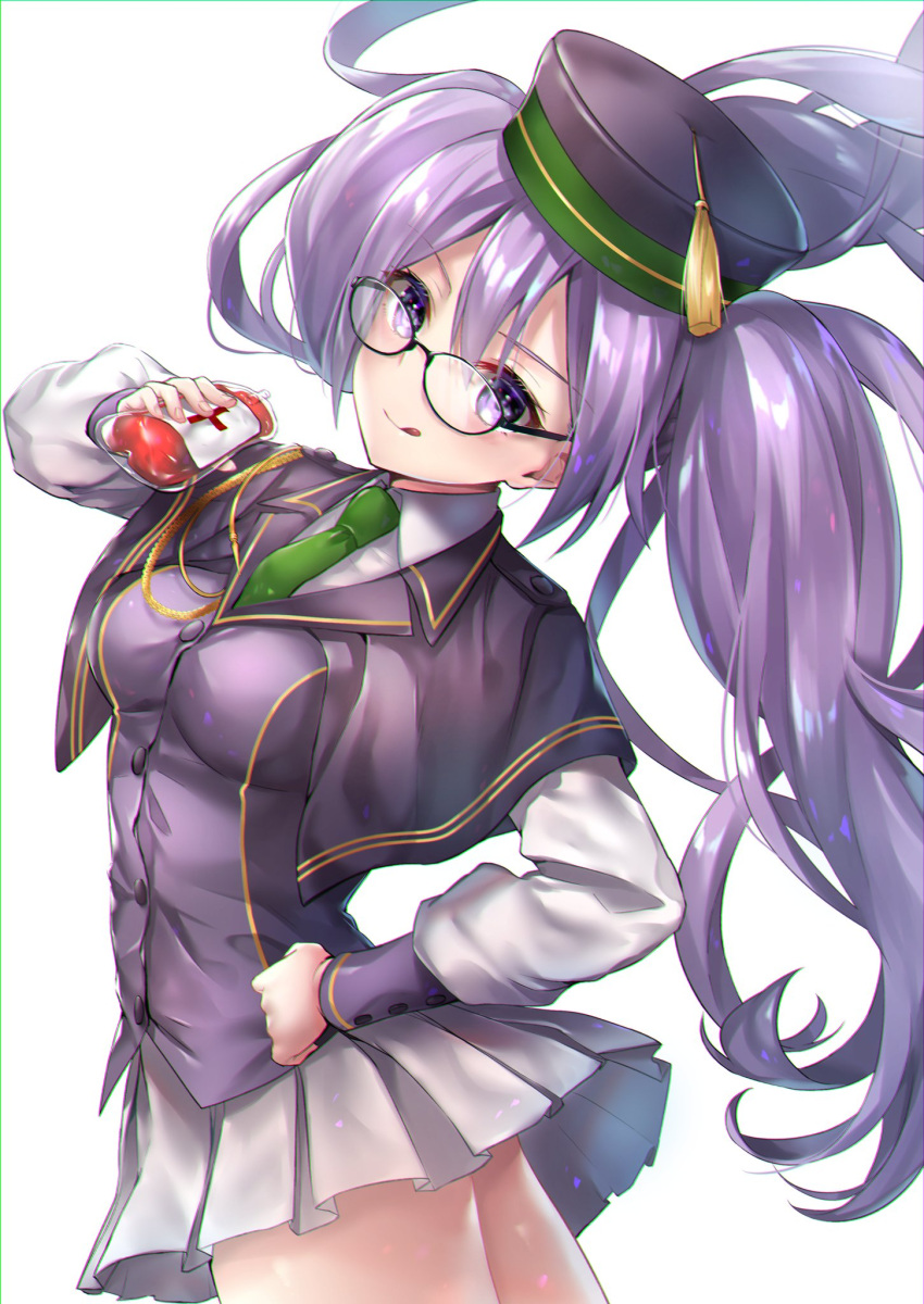 1girl bangs blood blood_bag blush breasts buttons capelet closed_mouth fate/grand_order fate_(series) glasses green_neckwear hair_between_eyes hand_on_hip hane_yuki hat highres licking_lips long_hair long_sleeves looking_at_viewer medium_breasts melty_blood necktie pleated_skirt purple_hair purple_hat simple_background sion_eltnam_sokaris skirt smile solo tassel thighs tongue tongue_out tsukihime twintails uniform violet_eyes white_background