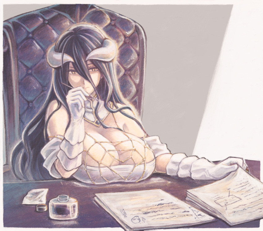 1girl albedo bare_shoulders black_hair breast_rest breasts calligraphy_brush chair cleavage closed_mouth demon_girl demon_horns desk detached_collar dress gloves hair_between_eyes holding holding_paper holding_pen horns ink_bottle jewelry large_breasts long_hair necklace overlord_(maruyama) paintbrush paper paper_stack papers pen slit_pupils user_xgpy8228 white_dress white_gloves yellow_eyes