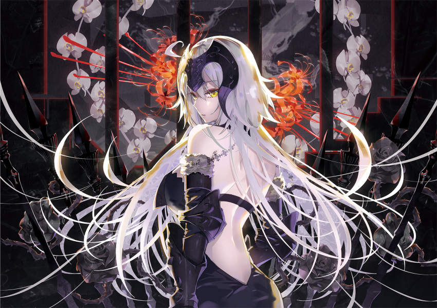 1girl ahoge armor back bangs bare_shoulders black_dress black_flower black_rose breasts commentary_request dress eyebrows_visible_through_hair fate/apocrypha fate/grand_order fate_(series) floating_hair flower from_behind gauntlets headpiece highres jeanne_d'arc_(alter)_(fate) jeanne_d'arc_(fate) jeanne_d'arc_(fate)_(all) large_breasts long_hair looking_at_viewer looking_back open_mouth rose silver_hair solo tsurime tsurukame very_long_hair yellow_eyes