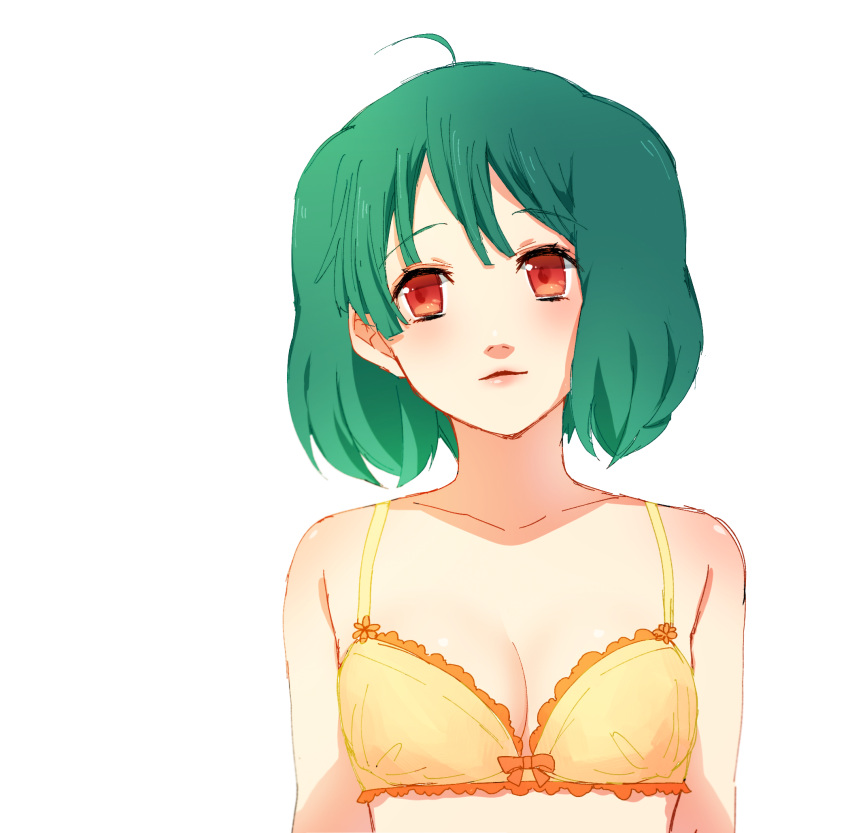 1girl ahoge bow bow_bra bra breasts chiyomaru_(yumichiyo0606) cleavage collarbone frilled_bra frills green_hair highres looking_at_viewer macross macross_frontier orange_bow parted_lips ranka_lee red_eyes short_hair simple_background sketch small_breasts solo underwear underwear_only upper_body white_background yellow_bra