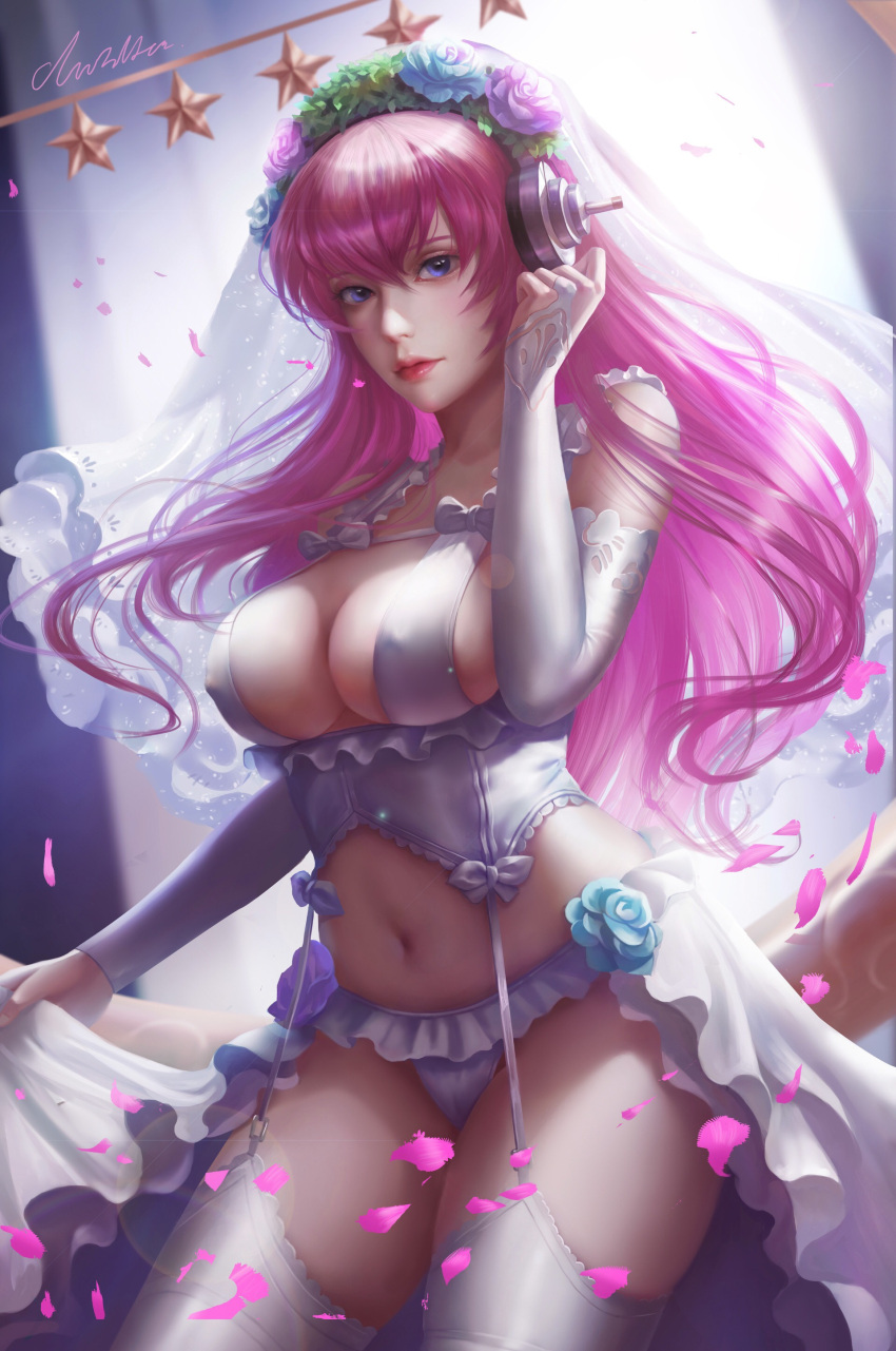 1girl absurdres bare_shoulders blush breasts bridal_gauntlets bridal_veil bride chunhui_lee cleavage dress elbow_gloves erect_nipples fingerless_gloves flower gloves hair_flower hair_ornament head_wreath headphones highres jewelry large_breasts long_hair looking_at_viewer navel nitroplus nose open_mouth panties petals pink_eyes pink_hair pink_lips realistic skirt_hold smile solo super_sonico thigh-highs underwear veil violet_eyes wedding wedding_dress white_legwear white_panties