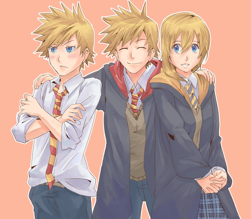 1girl blonde_hair blue_eyes breasts cosplay fare harry_potter highres kingdom_hearts kingdom_hearts_birth_by_sleep kingdom_hearts_ii medium_hair multiple_boys namine roxas smile ventus