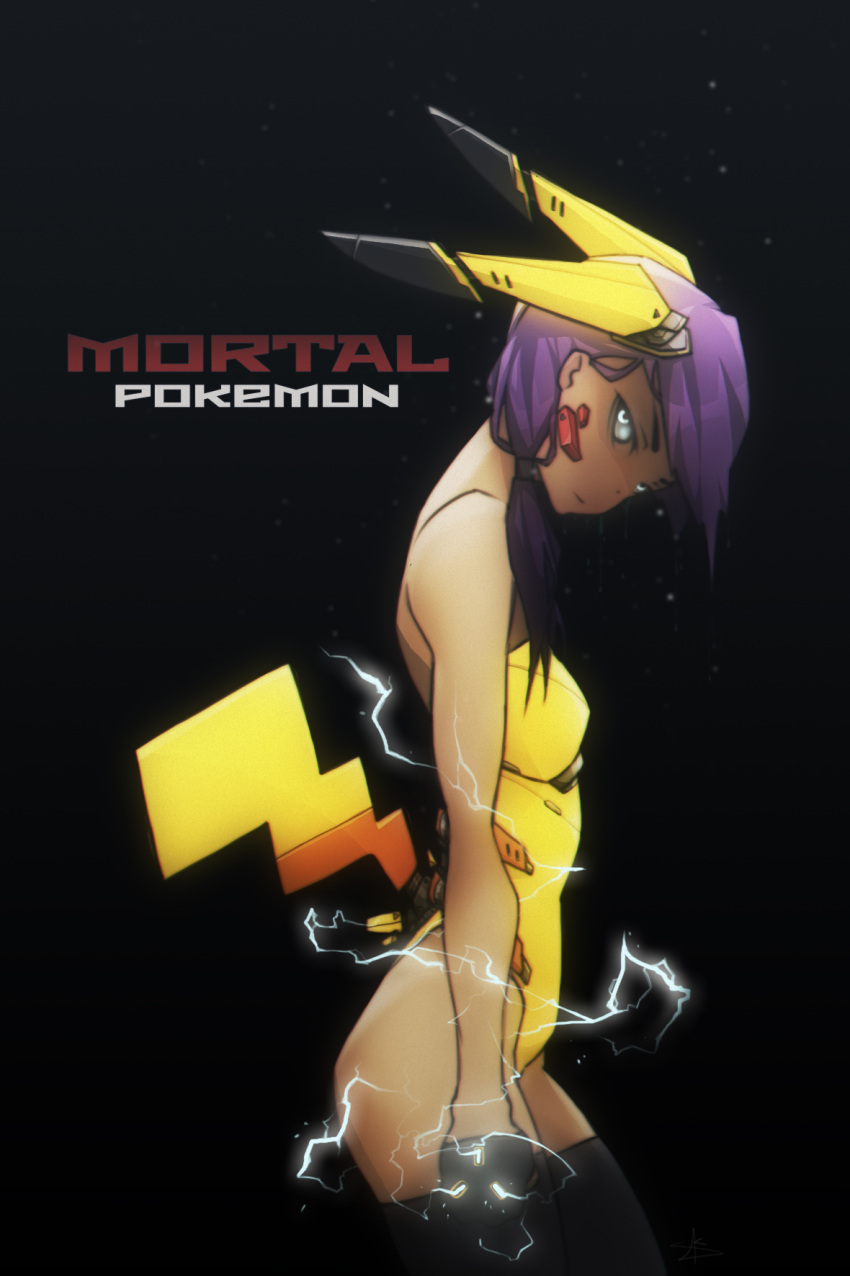 1girl black_gloves black_legwear breasts clenched_hand commentary creatures_(company) cyborg dark_skin electricity english_commentary from_side game_freak gen_1_pokemon gloves grey_sclera hair_over_shoulder highleg highleg_leotard highres leotard looking_at_viewer mecha_musume mechanical_ears mechanical_tail medium_hair nintendo personification pikachu pikachu_ears pikachu_tail pokemon pokemon_ears purple_hair slivokuch small_breasts solo strapless strapless_leotard tail thigh-highs white_eyes yellow_leotard
