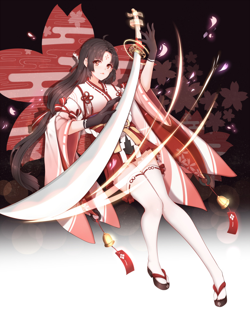 1girl ahoge bangs bell brown_gloves brown_hair closed_mouth commentary_request facial_mark forehead_mark full_body gloves hakama_skirt hanami_dango_(zzldango) highres holding holding_sword holding_weapon long_hair looking_at_viewer onmyoji orange_eyes parted_bangs red_skirt sandals skirt solo sword tabi thigh-highs very_long_hair weapon white_legwear youtouhime zettai_ryouiki